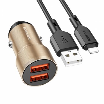 OEM Borofone Car charger BZ19 Wisdom - 2xUSB - 12W with USB to Lightning cable gold