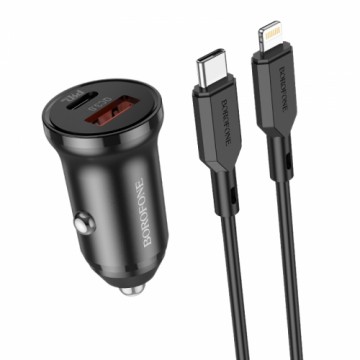 Borofone Car charger BZ18A - USB + Type C - PD 20W QC 3.0 18W with Type C to Lightning cable black