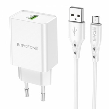 Borofone BN5 tālruņa lādētājs | USB | Quck Charge 3.0 | 18W | + Micro USB kabelis, balts