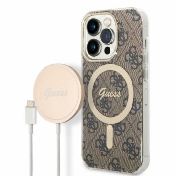 Guess 4G MagSafe Compatible Case + Wireless Charger for iPhone 14 Pro Max Brown