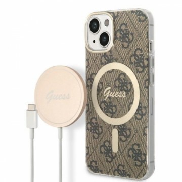 Guess 4G MagSafe Compatible Case + Wireless Charger for iPhone 14 Plus Brown