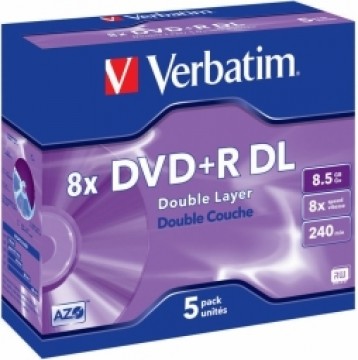 Matricas DVD+R DL Verbatim 8,5GB dubultslāņu 8x AZO 5 Pack Jewel