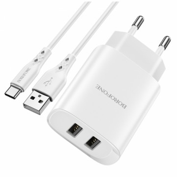 OEM Borofone BN2 tālruņa lādētājs USB | 5V | 2.1A | 10.5W + USB-C kabelis balts