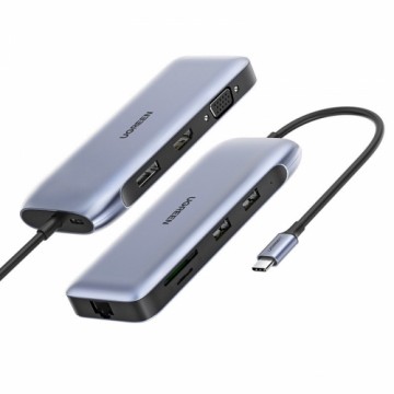 Ugreen daudzfunkcionāls HUB 9in1 USB Type C - HDMI, DP, VGA, 2 x USB, RJ45 Ethernet, SD | TF karšu lasītājs, USB Type C PD 100W pelēks (CM274)