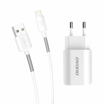 Dudao 2x USB mājas USB ceļojuma ES adapteris sienas lādētājs 5V|2.4A + Lightning kabelis balts (A2EU + Lightning balts)