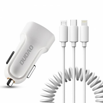 Dudao car kit 2x USB 2.4A charger + 3in1 Lightning | Type C | micro USB cable white (R7 white)