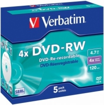 Verbatim Blank DVD-RW SERL 4.7GB 4x Extra protection | 5 Pack Slim