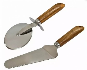 Pizza serving set - spatula and knife, stainless steel wooden handle, sizes 23 cm, 27