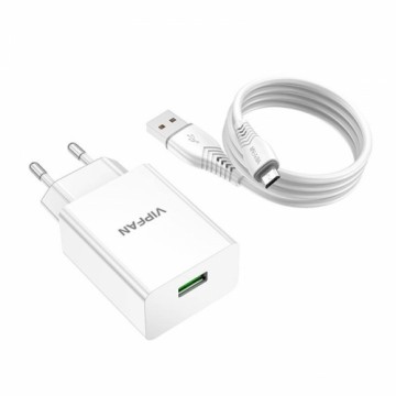 Wall charger Vipfan E03, 1x USB, 18W, QC 3.0 + Micro USB cable (white)