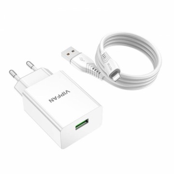 Network charger Vipfan E03, 1x USB, 18W, QC 3.0 + Lightning cable (white)