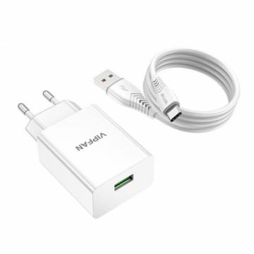 Wall charger Vipfan E03, 1x USB, 18W, QC 3.0 + USB-C cable (white)