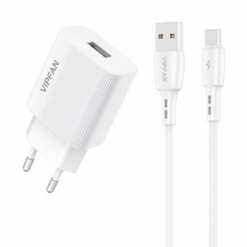 Network charger Vipfan E01, 1x USB, 2.4A + USB-C cable (white)