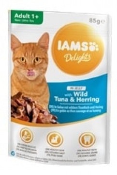 Konservēta barība kaķiem : IAMS CAT DELIGHT TUNA HERRING Jelly 85g.