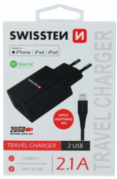 Swissten Smart IC Tīkla Lādētājs 2x USB 2.1A Ar Lightning MFI vadu 1.2m