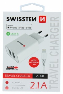 Swissten Smart IC Tīkla Lādētājs 2x USB 2.1A Ar Lightning MFI vadu 1.2 m