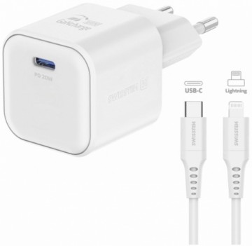 Swissten 3арядное устройство GaN USB-C 20W PD + Kабель для передачи данных USB-C - Lightning 1.2m