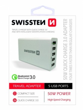 Swissten Qualcomm 3.0 QC Smart IC Premium Travel Charger USB 5x 2.1A  50W