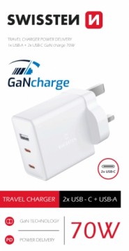 Swissten GaN Travel Charger 2x USB-C / USB for UK socket 70W