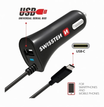 Swissten Premium Auto Lādētājs 12 / 24V / 2.4A + iebūvēts USB-C Datu Kabelis 1m