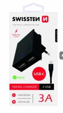 Swissten Travel Charger USB 3А / 15W With USB-C Cable 1.2m