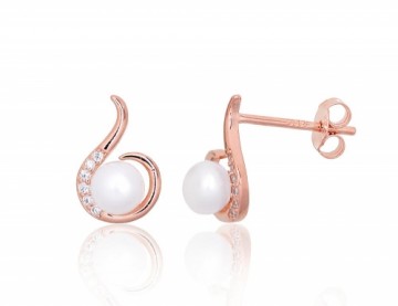 Silver stud earrings #2203836(PAu-R)_CZ+PE, Silver 925°, red gold (Plating), Zirkons, Fresh-water Pearl, 1 gr.