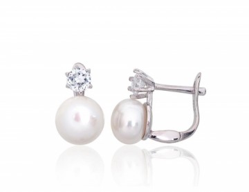 Silver earrings with 'english' lock #2203847(PRh-Gr)_CZ+PE, Silver 925°, Rhodium (Plating), Zirkons, Fresh-water Pearl, 2.2 gr.