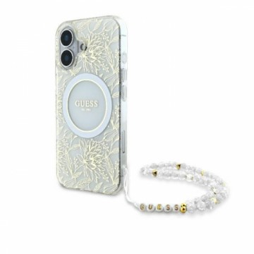 Guess GUHMP16SHCPOFPH iPhone 16 6.1" biały|white hardcase IML Flowers Allover Electro With Pearl Strap MagSafe