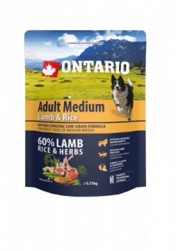 Sausa barība suņiem - Ontario Dog Adult Medium Lamb and Rice,  0,75kg