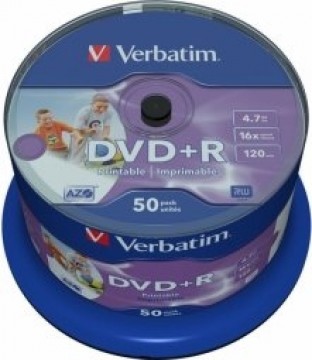 Verbatim Matricas DVD+R AZO 4.7GB 16x Wide Printable non ID, 50 Pack Spindle