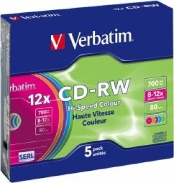 Verbatim Matricas CD-RW SERL 700 MB 8x-12X Colour, 5 Pack Slim