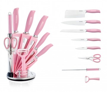 Royalty Line RL-KSS540: 9 Piece Knife Set Block with Rotating Holder - Pink