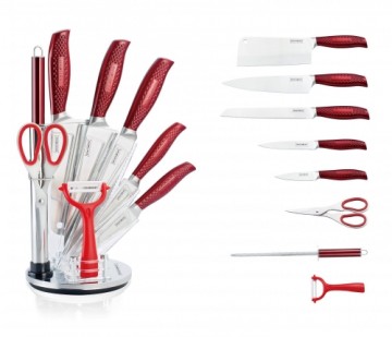 Royalty Line RL-KSS530: 9 Piece Knife Set Block with Rotating Holder - Red