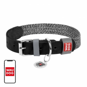 Dog collar made of natural leather and recycled material with QR code Waudog size M, width 20 mm, black