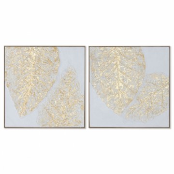 Painting Home ESPRIT White Golden Canvas MDF Wood Modern Leaf of a plant 82 x 4,5 x 82 cm (2 Units)