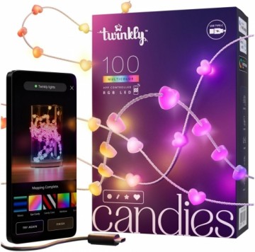 Twinkly Candies – 100 Lampki w kształcie serc RGB LEDs, przezroczysty przewód, USB-C