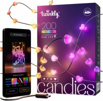 Twinkly Candies – 200 Lampki w kształcie serc RGB LEDs, zielony przewód, USB-C