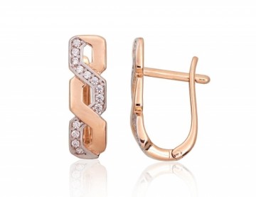 Gold earrings with 'english' lock #1201440(Au-R+PRh-W)_CZ, Red Gold 585°, Rhodium (Plating), Zirkons, 2.26 gr.