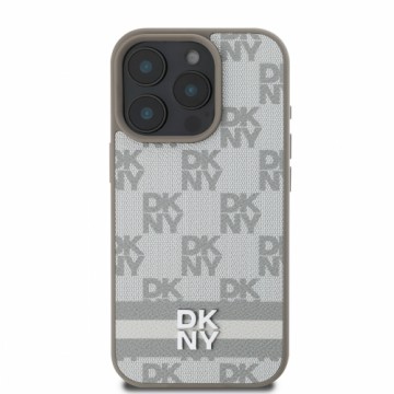 DKNY PU Leather Checkered Pattern and Stripe Case for iPhone 16 Pro Max Beige