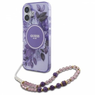 Guess GUHMP16SHFWBRCESU iPhone 16 6.1" fioletowy|purple hardcase IML Flowers With Pearl Strap MagSafe