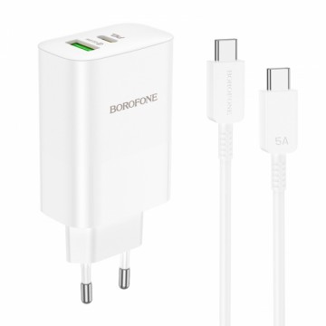 Borofone Wall charger BN10 Sunlight - USB + Type C - QC 3.0 PD 65W with Type C to Type C cable white