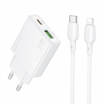 Borofone Wall charger BN25 Wish - USB + Type C - PD QC 3.0 30W with Type C to Lightning cable white