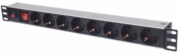 Intellinet 19" 1U Rackmount 8-Way Power Strip - German Type, With On/Off Switch and Overload Protection, 3m Power Cord (Euro 2-pin plug)