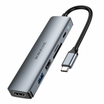 OEM Borofone Adapter DH15 Buddy 6 in 1 - Type C to HDMI + Type C + USB 3.0 + USB 3.0 + SD + microSD - PD 100W grey