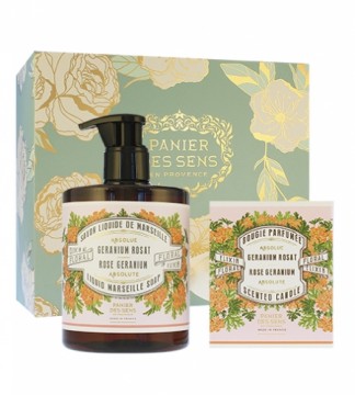 Panier Des Sens Rose Geranium gift set liquid soap 500 ml + scented candle 180 g