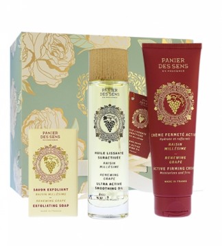 Panier Des Sens Renewing Grape gift set exfoliating soap 150 g + dry body oil 100 ml + firming body cream 140 ml