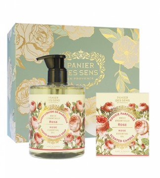 Panier Des Sens Rejuvenating Rose gift set liquid soap 500 ml + scented candle 180 g