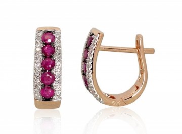 Gold earrings with 'english' lock #1200970(Au-R+PRh-W+PRh-Bk)_DI+RB, Red Gold 585°, Rhodium (Plating), Diamonds (0,161Ct), Ruby (0,654Ct), 2.52 gr.