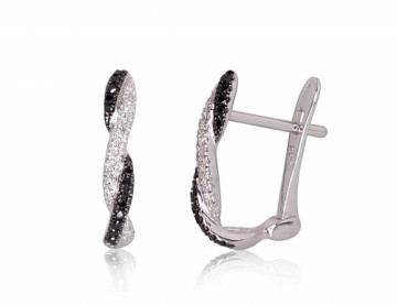 Gold earrings with 'english' lock #1200273(Au-W+PRh-Bk)_DI+DIBk, White Gold 585°, Rhodium (Plating), Diamonds (0,072Ct), Diamonds (Black) (0,082Ct), 1.85 gr.