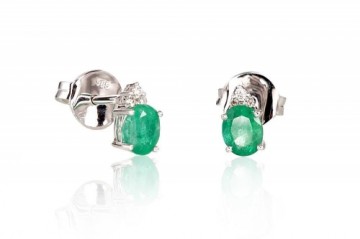 Gold classic studs earrings #1200248(Au-W)_DI+EM, White Gold 585°, Diamonds (0,036Ct), Emerald (0,533Ct), 1.28 gr.