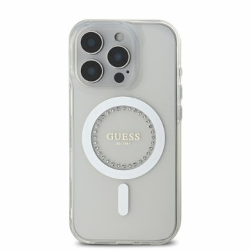 Guess IML Rhinestones Ring MagSafe Case for iPhone 16 Pro Max White